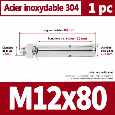 Goujon d'ancrage à expansion M12 x 80 mm inox 304 perçage 14 mm m12 80 1 pièces 1 kg – Livraison gratuite