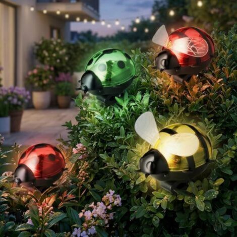 Lote de 4 lámparas solares de jardín con clip - Lámpara de jardín LED como decoración de insectos - Figuras solares para haie, plantes, balcón - Éclairage de jardin extérieur multicolor