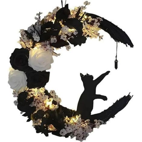 Halloween-Türkranz – Katzen-, Mond- und Blumenmotiv, festliche Herbstdekoration für Veranda, Eingang oder Haustür (1/5)