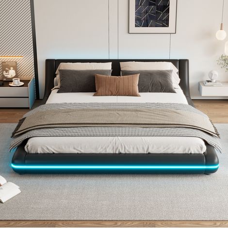 MEUBLIV Cama 160x200 cm negra – estructura baja con LED y mando, sin colchón (1/5)