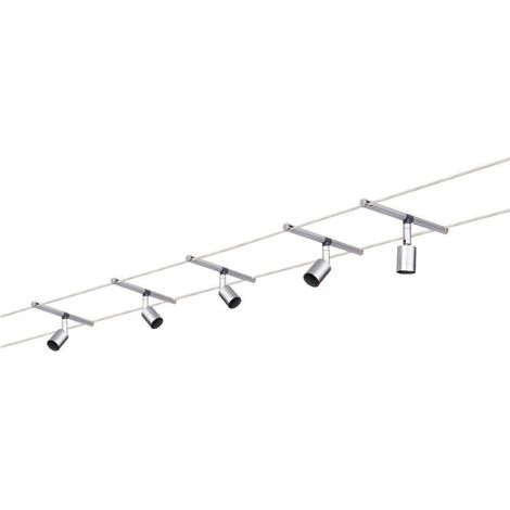 – Système complet d'éclairage sur câble 5 spots GU5.3 50 W LED chrome (mat) – Intensité variable – Montage mural possible