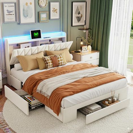Letto matrimoniale 140x190 cm con 3 cassetti - LED - porte USB e Type-C - tessuto in velluto - base a doghe - design moderno e pratico - per adulti e adolescenti - Beige