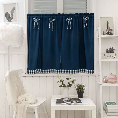Rideau Court - Bleu Marine - Nœud Papillon - Bordure Échiquetée - Pour Cuisine Fenêtre Dérivée Chambre Étudiante - 74 x 61 cm - 1 Pièce (1/5)