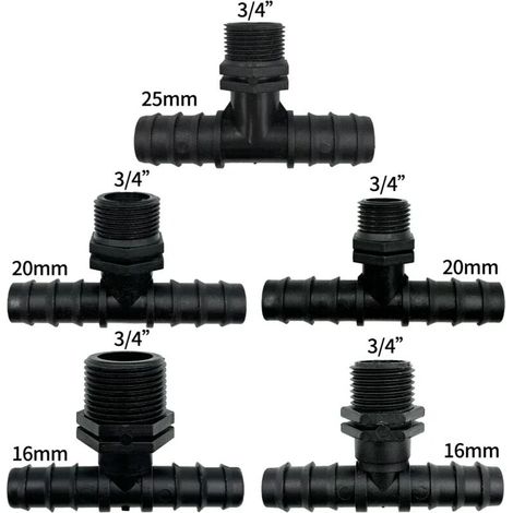 (E-4PCS) 4 raccords en T filetés 1/2" 3/4" 16 20 25 mm pour tuyaux PE, adaptateurs et joints de tuyauterie pour l'irrigation goutte à goutte de jardin. Réparation