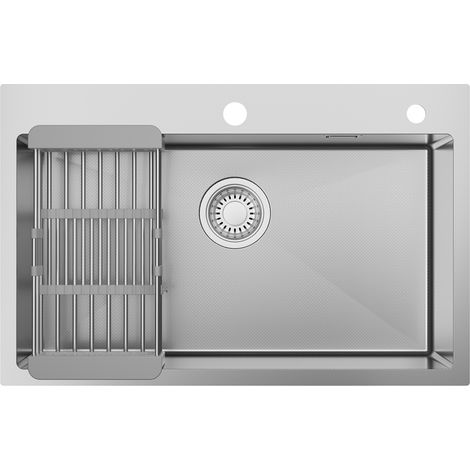 Anycee Max 70 × 45 cm Edelstahlspüle, Einzelspüle mit Abtropfkorb, silberne Küchenspüle inkl. Ablaufgarnitur Set, für ab 80 cm Schrank (1/5)