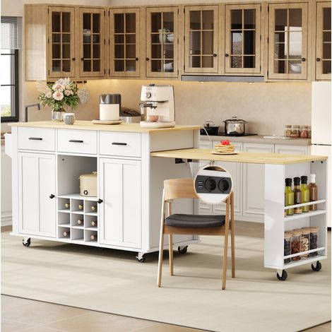 Isola cucina mobile estensibile 136 x 50 x 93 cm, MDF bianco e legno naturale DESVIAE (1/5)