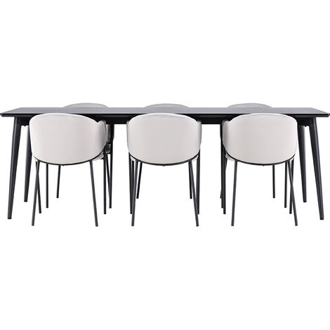 Ellis Essgruppe Tisch 85x230cm und 6 Velours Stühle mit Armlehnen schwarz.