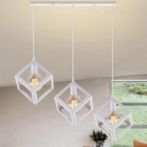 U-Do Lustre Suspension Carré Blanc Suspension Luminaire en Métal 3 Têtes Lampe en Longue Pôle Lustre Plafonnier éclairage pour (1/4)