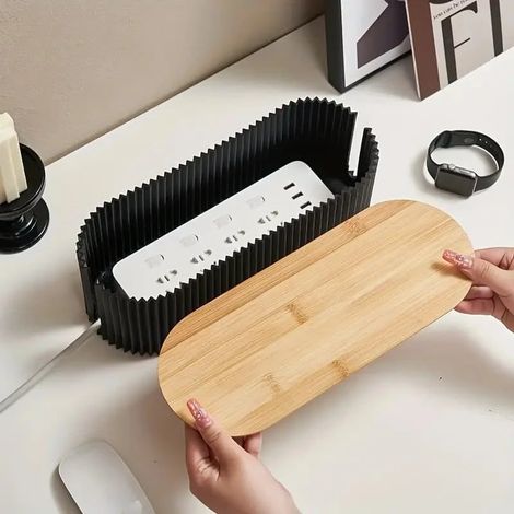 Boîte à câbles en bois avec couvercle - Organisateur de câbles et de bureau pratique pour la maison et le bureau, noir (1/5)