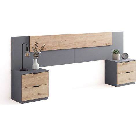 Cabecero para cama de 135-150 cm y 2 mesitas con cajones Akari Gris Grafito - Alpine Oak 247cm (ancho) x 50,5cm (alto) (1/5)