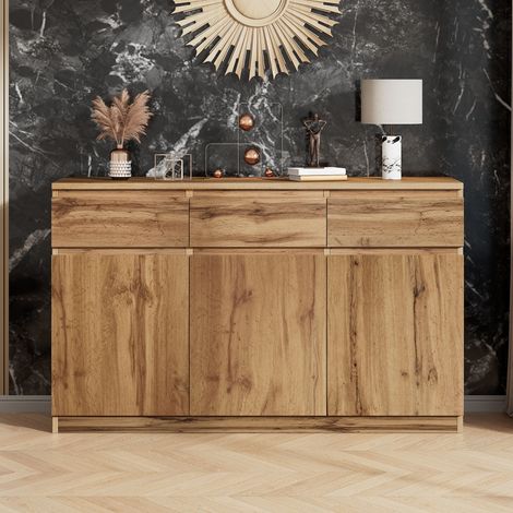 Oak Buffet Cabinet Storage Sideboard Farmhouse Server Bar Wine Cabinet with 3 Drawers & 3 Doors Adjustable Shelves Console Table for Dining Living Room Kitchen Cupboard (1/5)