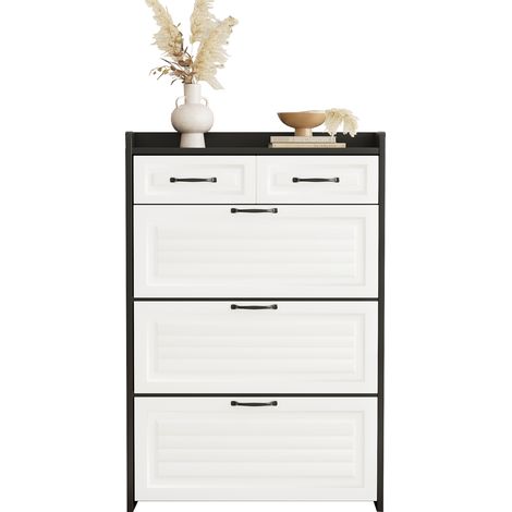 Schuhschrank mit 3 Drehklappen und 2 Schubladen, Modern, aus Spanplatte, 80×23,5×131 cm, Weiß Schwarz (1/5)