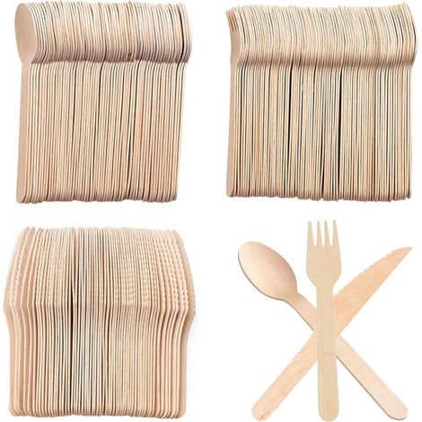 Couverts en Bois, 300 pièces Couverts biodégradables pour Fêtes, Camping, Mariages, Barbecues, Anniversaires (1/5)