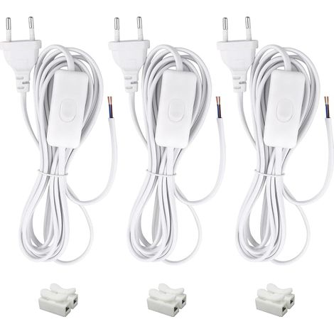 3 Pièces Cordon avec Interrupteur 3M Câble de Connexion avec Euro Fiche, 2 x 0,5 mm², 2 x Câbles de d'alimentation avec Interrupteur pour Lampes, Lampes de Table, lampadaires(Blanc)