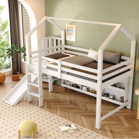 Kinderbett 90x200 cm aus Holz und MDF, weiß, mit Rutsche, platzsparend, ohne Matratze – MEUBLIV (1/5)
