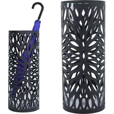 Portaombrelli in Metallo Design Rotondo Stand Nero Vaschetta Salvagoccia (1/4)