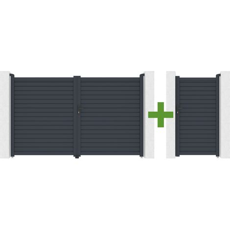 Portail battant 3m CALANCIA H.180cm lames persiennes aluminium gris + portillon CALANCIA aluminium gris
