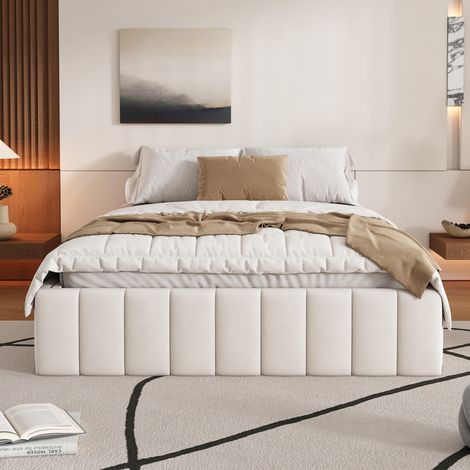 Lit rembourré 140×200 cm beige,cadre simple sans tête de lit,fond à lattes,style minimaliste sans matelas