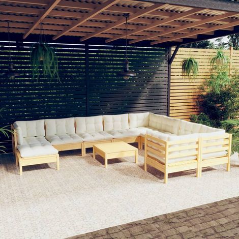 Salon de jardin 11 pcs,Mobilier de terrasse,Table et Chaise pour Relax avec coussins crème Bois de pin -YZ398046 (1/5)