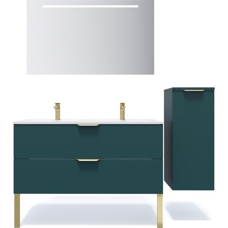 Meuble de salle de bain suspendu double vasque intégrée 120cm 2 tiroirs Bleu + miroir + colonne ouverture droite - Venice (1/5)