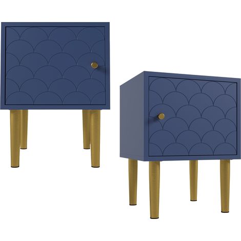 2er Set Nachttisch mit Stauraum und wechselbarem Türanschlag, 35x35x51 cm, Marineblau, Nachtschrank mit Fischschuppenmuster und Metallbeinen (1/5)