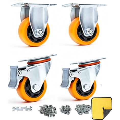 Roulettes avec double serrure de sécurité, set de 4, charge maximale 2000lbs, pour chariots, meubles, tables de travail (orange, 10cm/4", 2 Roues fixes+2 Roulettes avec frein) (1/5)