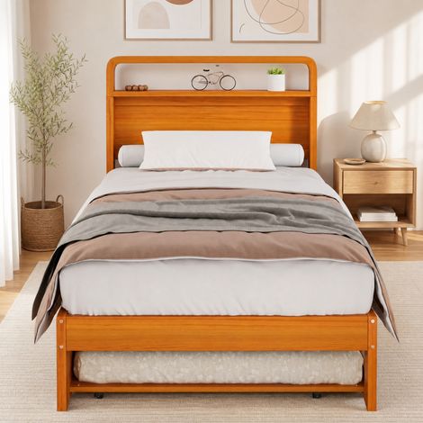 DESMIU Lit simple 90 × 200 cm avec lit gigogne 90 × 190 cm, tête arrondie, sans matelas, en bois, naturel (1/5)