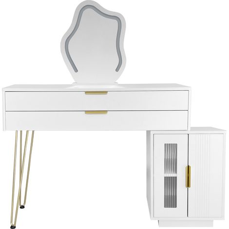 Toeletta bianca con specchio LED, 2 cassetti e mobile laterale scorrevole, 100 x 40 x 78 cm (1/5)