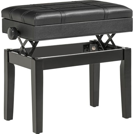 Banc de piano réglable avec rangement, coussin en simili cuir noir, 63x35x46-56 cm (1/5)