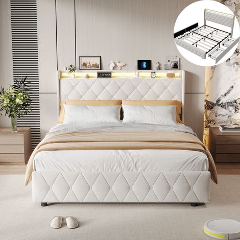 Lit 140x200 avec 4 tiroirs, lit double capitonné 140x200 avec sommier, éclairage LED, ports USB et Type-C, tissu en velours, beige (1/5)