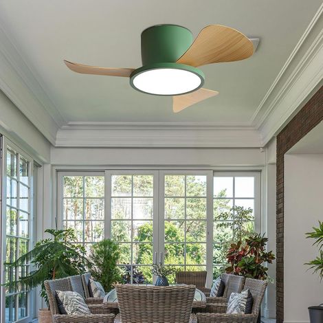 Ventilateur plafond LED 76 cm, 40W, 3 pales ABS, 6 vitesses, télécommande et interrupteur mural, moteur silencieux——Vert et finition bois (1/5)