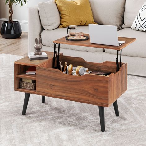 Table basse relevable en chêne rustique – Plateau à ressort avec rangement caché et étagère réglable, 80 × 40 × 61,5 cm, pour salon