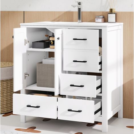 Mobile lavabo bagno 76x46x82 cm in MDF bianco con contenitore salvaspazio – MEUBLIV (1/5)