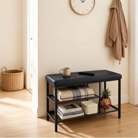 Banco zapatero con asiento, 3 compartimentos abiertos, 80 x 30 x 50 cm, negro, OKWISH (1/5)