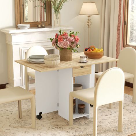 Klappbarer Esstisch mit Schublade und Ablagen, platzsparender Tisch mit abklappbaren Seiten für Küche, Esszimmer, Wohnzimmer, Eiche (1/5)
