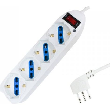 Multipresa Ciabatta Elettrica Cavo 5M Con 4 Posti Prese Universale 10/16A Schuko e Interruttore Spina 10A Laterale Bianco (1/3)