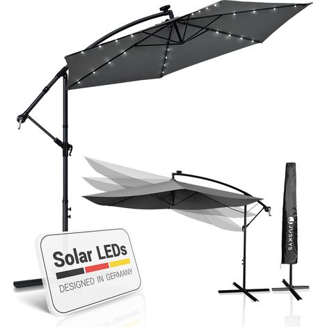 Juskys Ampelschirm Brazil 350 cm grau – mit LED-Beleuchtung Solar & Kurbel – UV-Schutz wasserabweisend knickbar – Sonnenschirm Marktschirm (1/5)