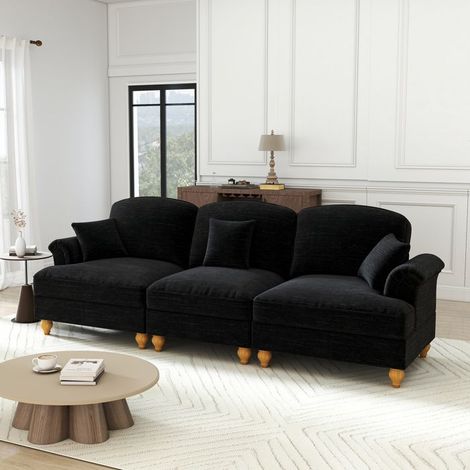 Canapé 3 places style années 50 en chenille noire - accoudoirs arrondis, confort moelleux, 272×83,5×93 cm