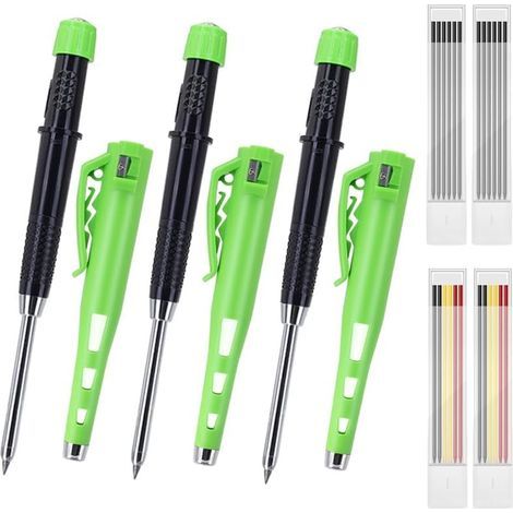 Lot de 3 crayons de charpentier à bec long de 55 mm avec 24 recharges, capuchon de protection et taille-crayon intégré, parfaits pour la construction et l'atelier (vert) (1/5)