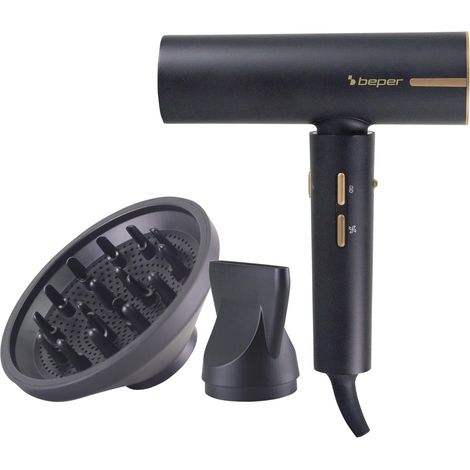 BEPER P301ASC010 Asciugacapelli Brushless, 1800W, 3 Velocità, 3 Temperature selezionabili, Indicatore di temperatura LED, Griglia autopulente, Accessori inclusi, Nero (1/5)