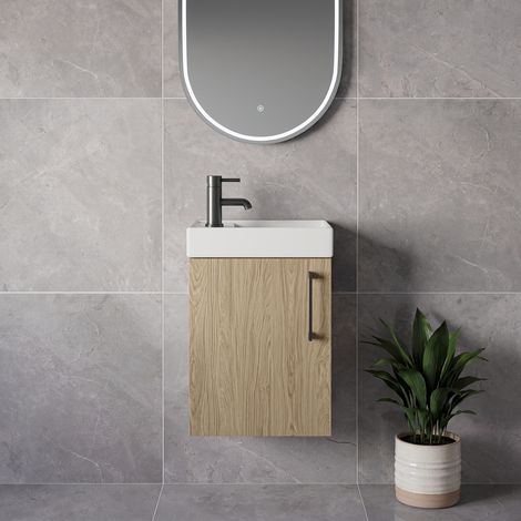 Napoli Cube Light Oak 400mm Wall Mounted Single Door Vanity Unit with Align Basin - 400mm - Gunmetal Grey 160mm Handle