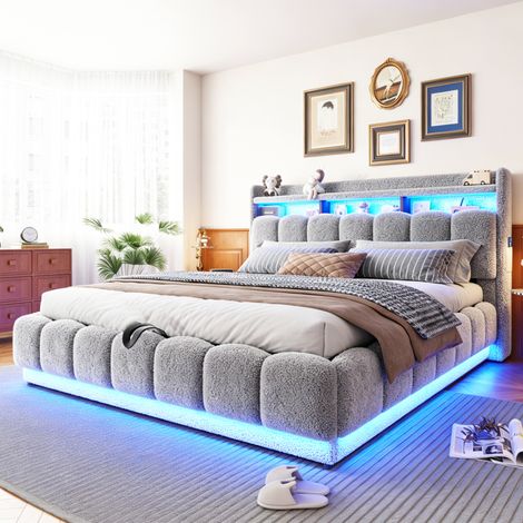 Cama tapizada 180x200 cm tejido gris con almacenaje, para ahorrar espacio, sin colchón – MEUBLIV (1/5)