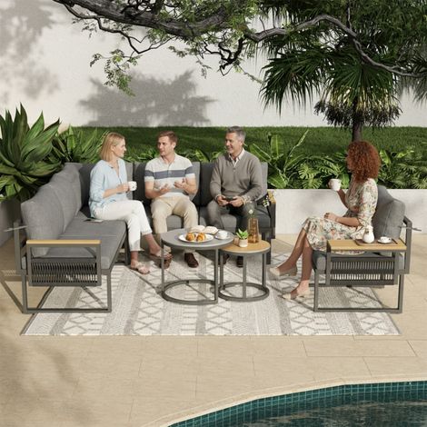 5-6 Seater Garden Furniture Set, Rope Woven Outdoor Corner Sofa with Matching Armchair, 2 Nesting Tempered Glass Coffee Tables and Adjustable Handrail Trays, Patio Lounge Set, Linen, Grey (1/5)
