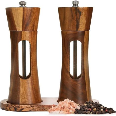 Salz- und Pfeffermühlen-Set aus Holz mit Tablett, 20 cm lange Handmühlen mit einstellbarem Mahlgrad, Salz- und Pfeffermühlen