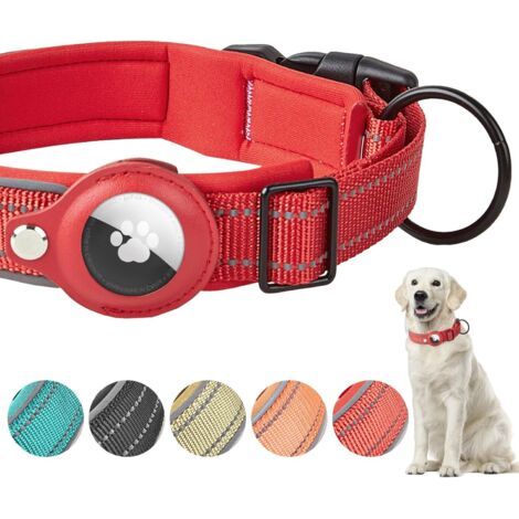 Nylon-Hundehalsband mit AirTag-Einheit – Reflektierend und verstellbar – Optimaler Tragekomfort für alle Größen – Rot, Größe L
