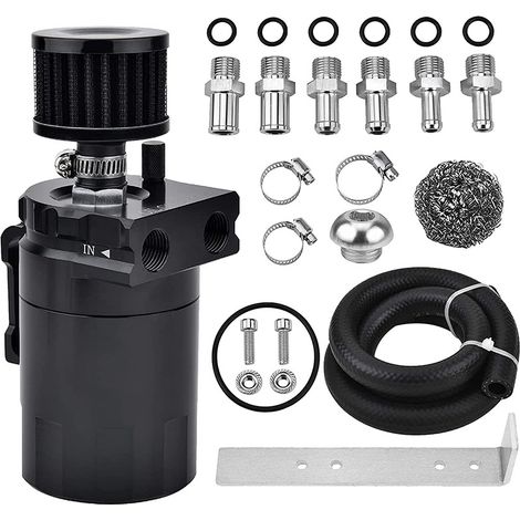 Oil Catch Can Auto, 300ML Aluminium Voiture Réservoir, Universel Séparateur Bidon Huile Voiture Air Filtre avec Filtre à Air, Tuyau et Kit D'accessoires 2 Ports (Noir) (1/5)
