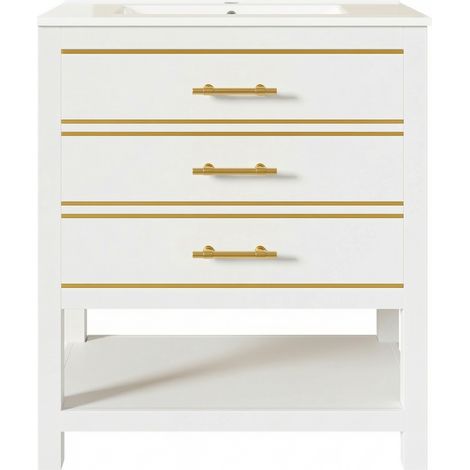 Mobile bagno con lavabo in ceramica 76 cm bianco e oro, 2 cassetti e ripiano HOMVRA (1/5)
