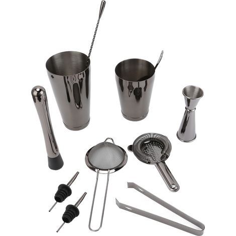 11-teiliges Cocktailshaker-Set aus schwarzem Edelstahl, inklusive Sieb und Alkoholfilter (1/5)
