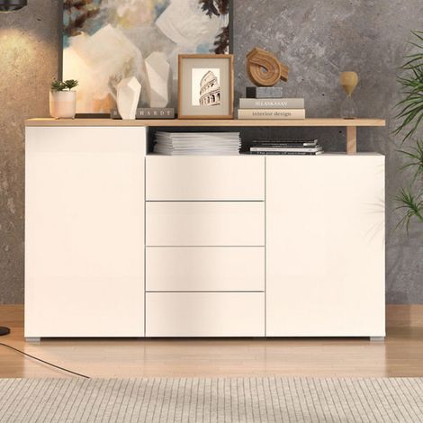 Aparador Levate, Cómoda 4 Cajones, 4 Estantes, Apertura Abatible y Corredera, 154x40x94h cm Blanco (1/5)