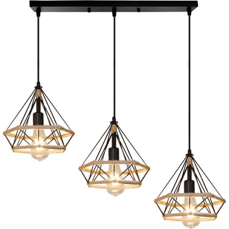 25CM Lustre Rétro 3 Lumières Plafonnier Vintage Suspension Luminaire En Corde De Chanvre Noire (1/5)